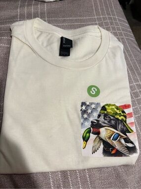Cream Short Sleeve Tee with Hunting Dog and Flag Graphic- Port & Company